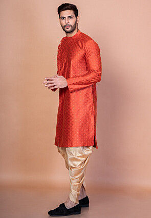 Woven Dupion Silk Jacquard Kurta Set in Orange