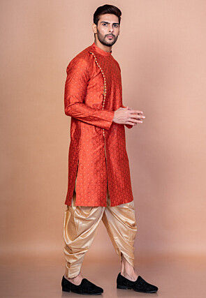 Woven Dupion Silk Jacquard Kurta Set in Orange