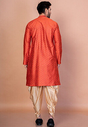 Woven Dupion Silk Jacquard Kurta Set in Orange