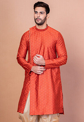 Woven Dupion Silk Jacquard Kurta in Orange