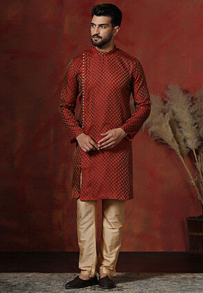 Woven Dupion Silk Jacquard Kurta Set in Red