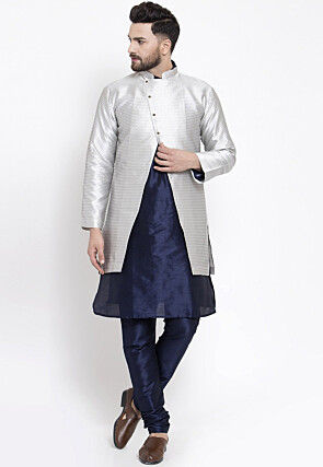Woven Dupion Silk Kurta Churidar Jacket Set in Blue and Grey