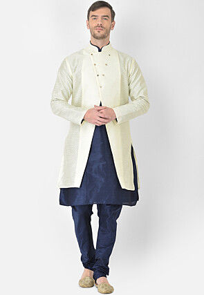 Woven Dupion Silk Kurta Churidar Jacket Set in Blue and White