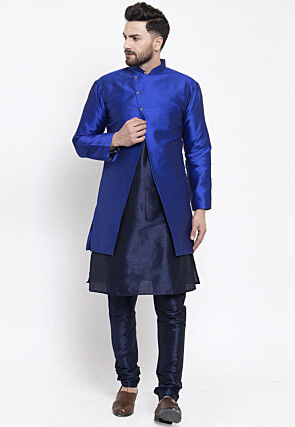 Woven Dupion Silk Kurta Churidar Jacket Set in Blue
