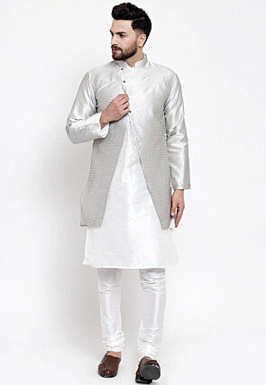 Woven Dupion Silk Kurta Churidar Jacket Set in White and Grey