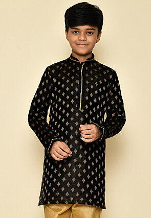 Woven Dupion Silk Kurta in Black