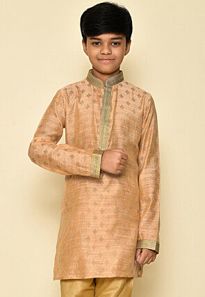 Woven Dupion Silk Kurta in Light Peach