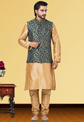 Woven Dupion Silk Kurta Jacket Set in Beige and Dark Green