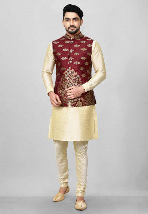 Woven Dupion Silk Kurta Jacket Set in Beige and Maroon