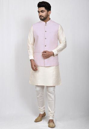Woven Dupion Silk Kurta Jacket Set in Cream and Light Peach