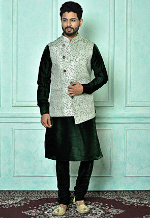 Woven Dupion Silk Kurta Jacket Set in Dark Green