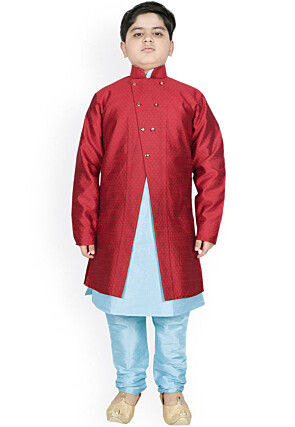Woven Dupion Silk Kurta Jacket Set in Light Blue and Maroon