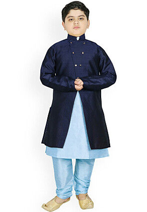 Woven Dupion Silk Kurta Jacket Set in Light Blue and Navy Blue