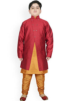 Woven Dupion Silk Kurta Jacket Set in Mustard and Maroon