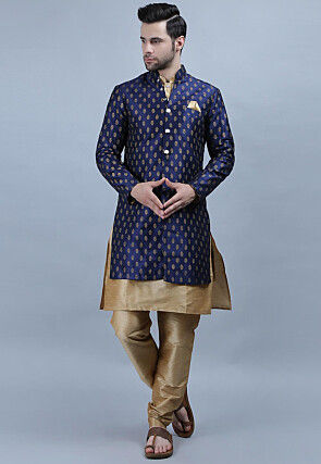 Woven Dupion Silk Kurta Jacket Set in Navy Blue