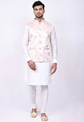 Woven Dupion Silk Kurta Jacket Set in Off White and Light Pink