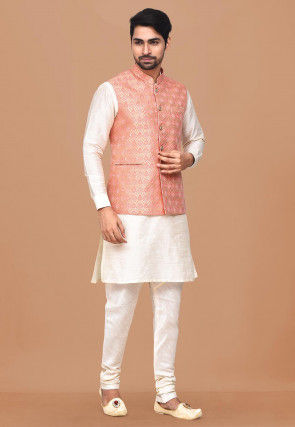 Woven Dupion Silk Kurta Jacket Set in Off White and Peach