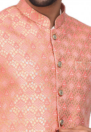 Woven Dupion Silk Kurta Jacket Set in Off White and Peach