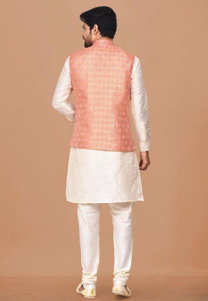 Woven Dupion Silk Kurta Jacket Set in Off White and Peach