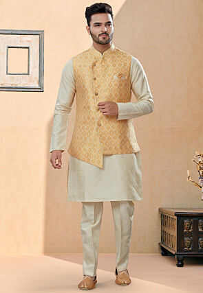 Woven Dupion Silk Kurta Jacket Set in Off White and Yellow