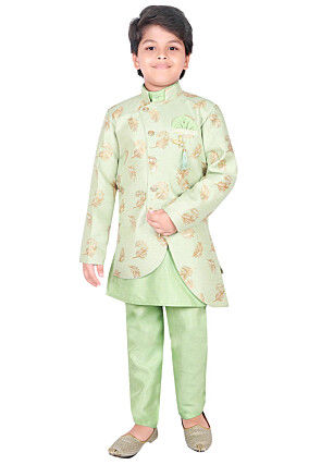 Woven Dupion Silk Kurta Jacket Set in Pastel Green