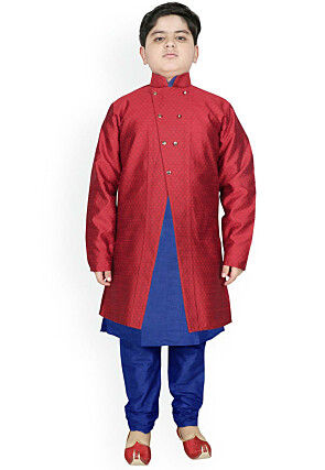 Woven Dupion Silk Kurta Jacket Set in Royal Blue and Maroon