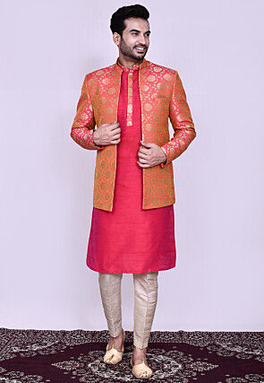 Woven Dupion Silk Kurta Set in Coral Red