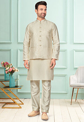 Woven Dupion Silk Kurta Set in Cream