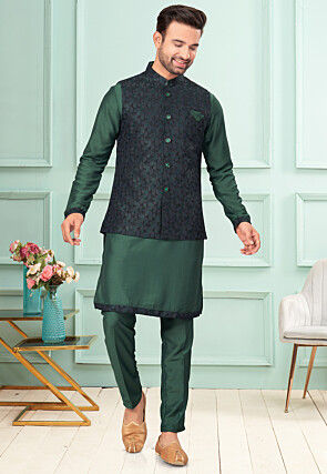 Woven Dupion Silk Kurta Set in Dark Green and Navy Blue