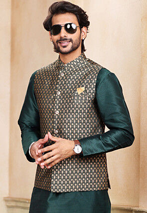 Woven Dupion Silk Kurta Set in Dark Green