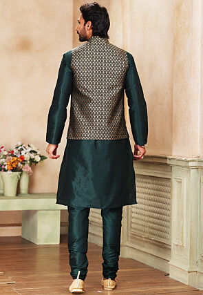 Woven Dupion Silk Kurta Set in Dark Green