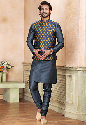 Woven Dupion Silk Kurta Set in Dark Grey