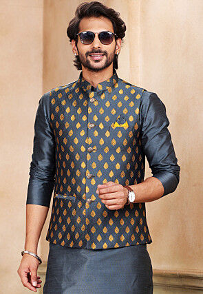 Woven Dupion Silk Kurta Set in Dark Grey