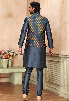 Woven Dupion Silk Kurta Set in Dark Grey