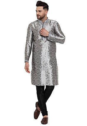 Woven Dupion Silk Kurta Set in Grey