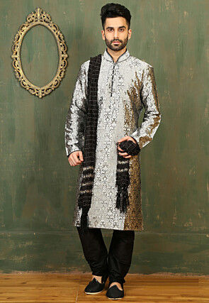 Woven Dupion Silk Kurta Set in Grey