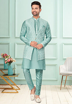 Woven Dupion Silk Kurta Set in Light Blue