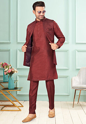 Woven Dupion Silk Kurta Set in Maroon