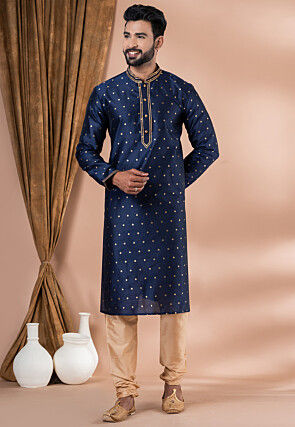 Woven Dupion Silk Kurta Set in Navy Blue