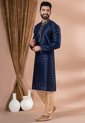 Woven Dupion Silk Kurta Set in Navy Blue