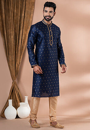 Woven Dupion Silk Kurta Set in Navy Blue