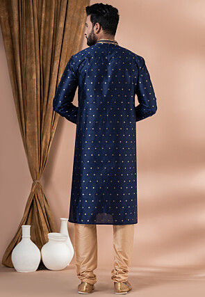 Woven Dupion Silk Kurta Set in Navy Blue