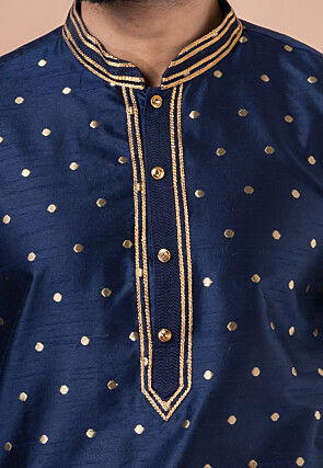 Woven Dupion Silk Kurta Set in Navy Blue