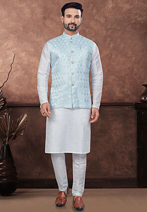 Woven Dupion Silk Kurta Set in Off White and Light Blue