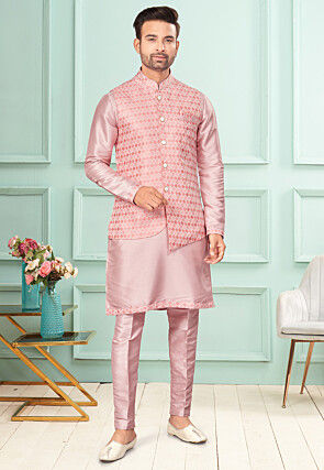Woven Dupion Silk Kurta Set in Pink