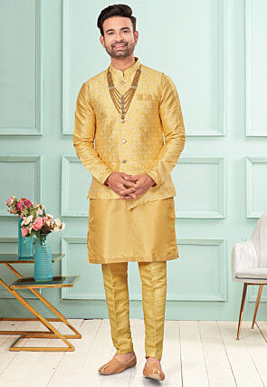 Woven Dupion Silk Kurta Set in Yellow