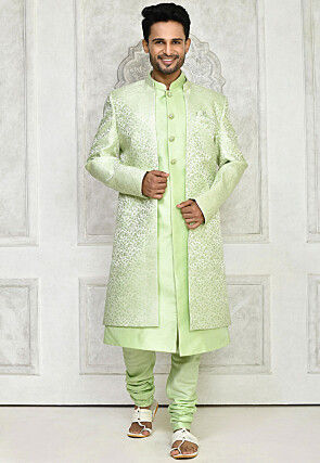 Woven Dupion Silk Sherwani in Pastel Green