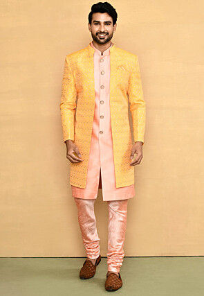 Woven Dupion Silk Sherwani in Peach