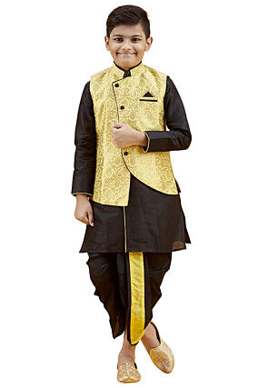Woven Dupion Silk Sherwani Set in Black and Light Yellow