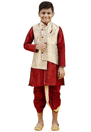 Woven Dupion Silk Sherwani Set in Maroon and Light Beige